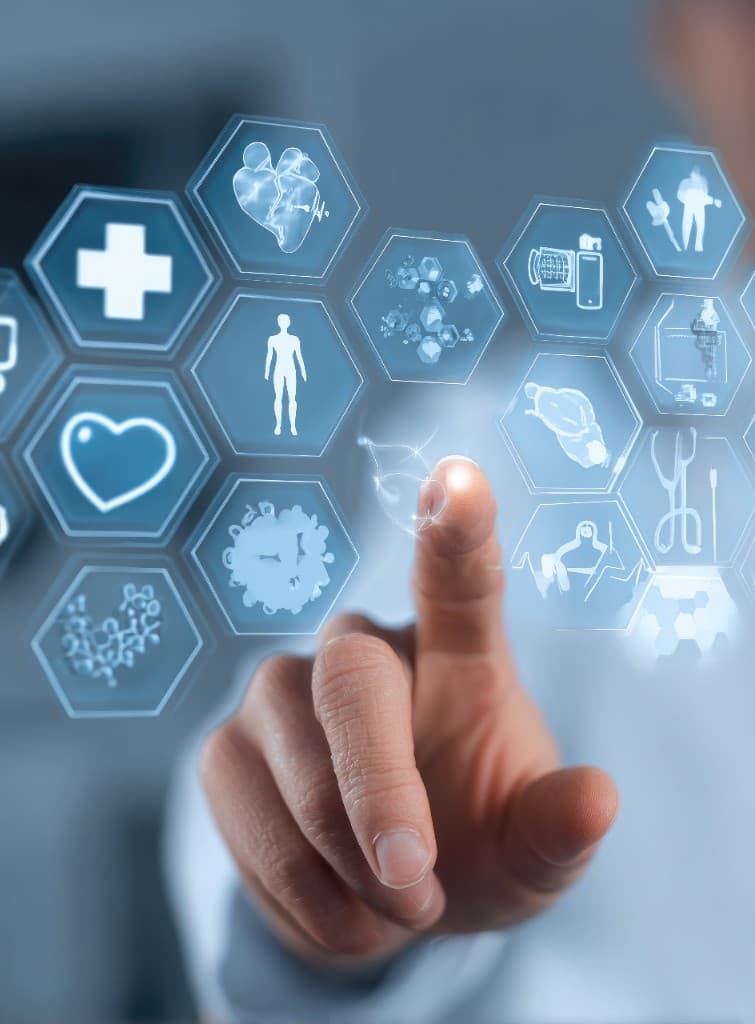 Hand interacting with a digital healthcare interface