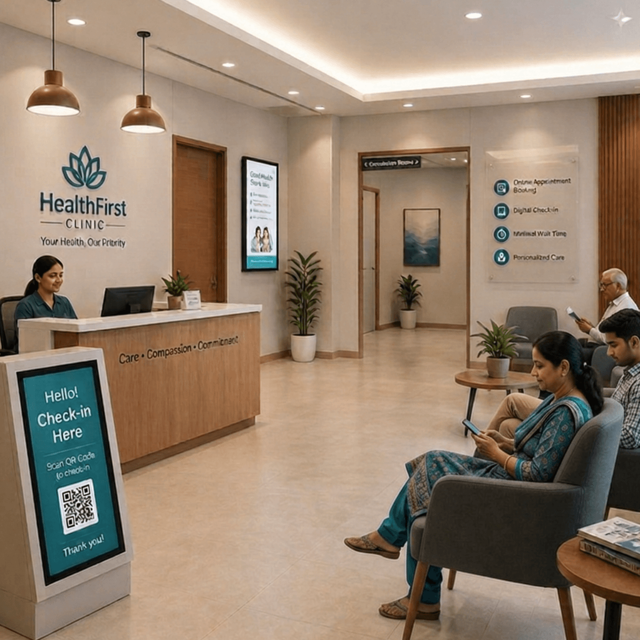 A calm clinic reception with QR self check-in and patients seated comfortably