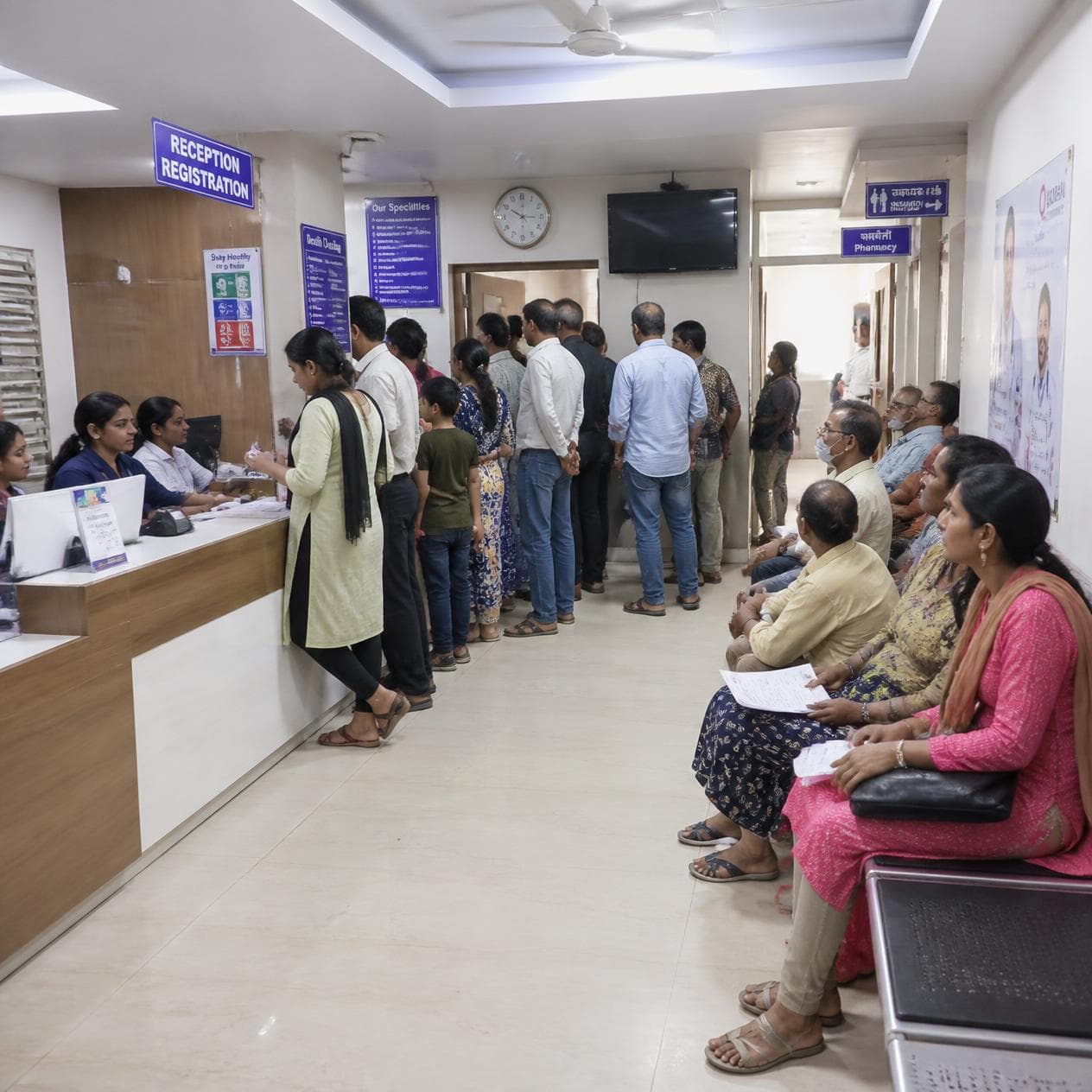 A crowded clinic reception with a long queue at the registration desk